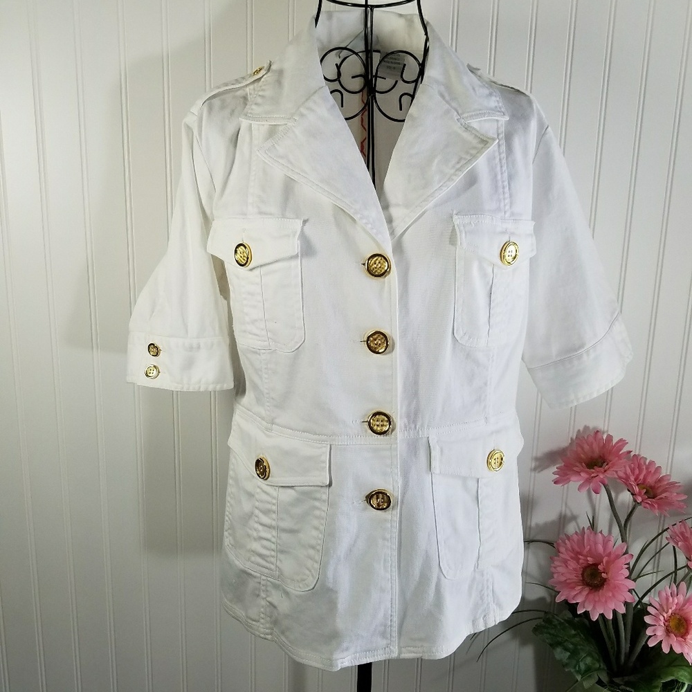 White Cotton Gold Button Nautical Blazer Jacket 10